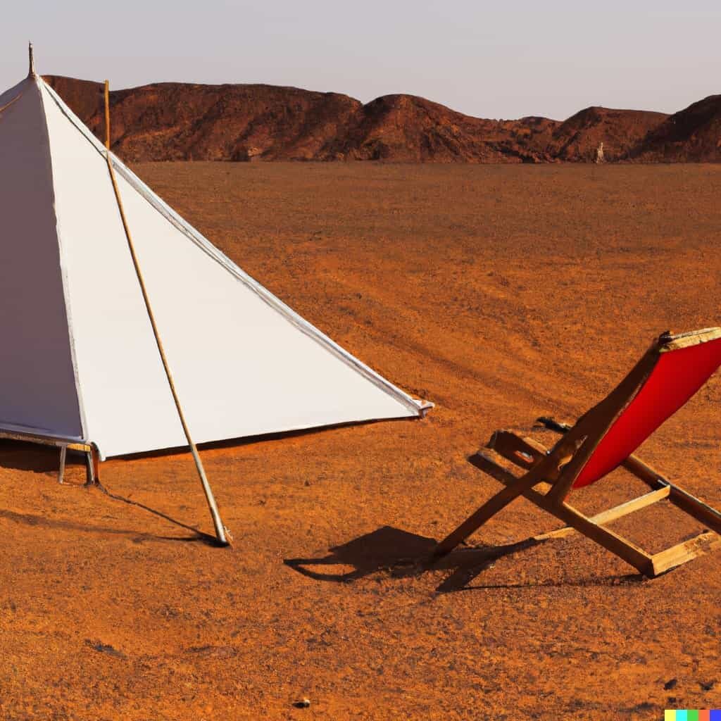 DALL·E 2:「赤い砂漠に立つ白いテントの前に、木製のデッキチェアがある」という文章で自動生成した画像