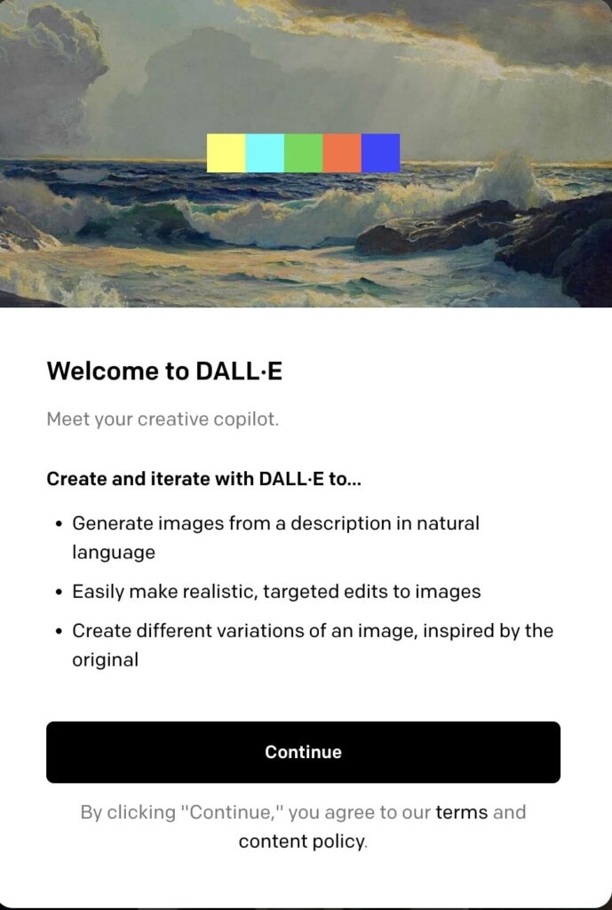 「DALL·E 2」利用開始時の表示される画面 1
